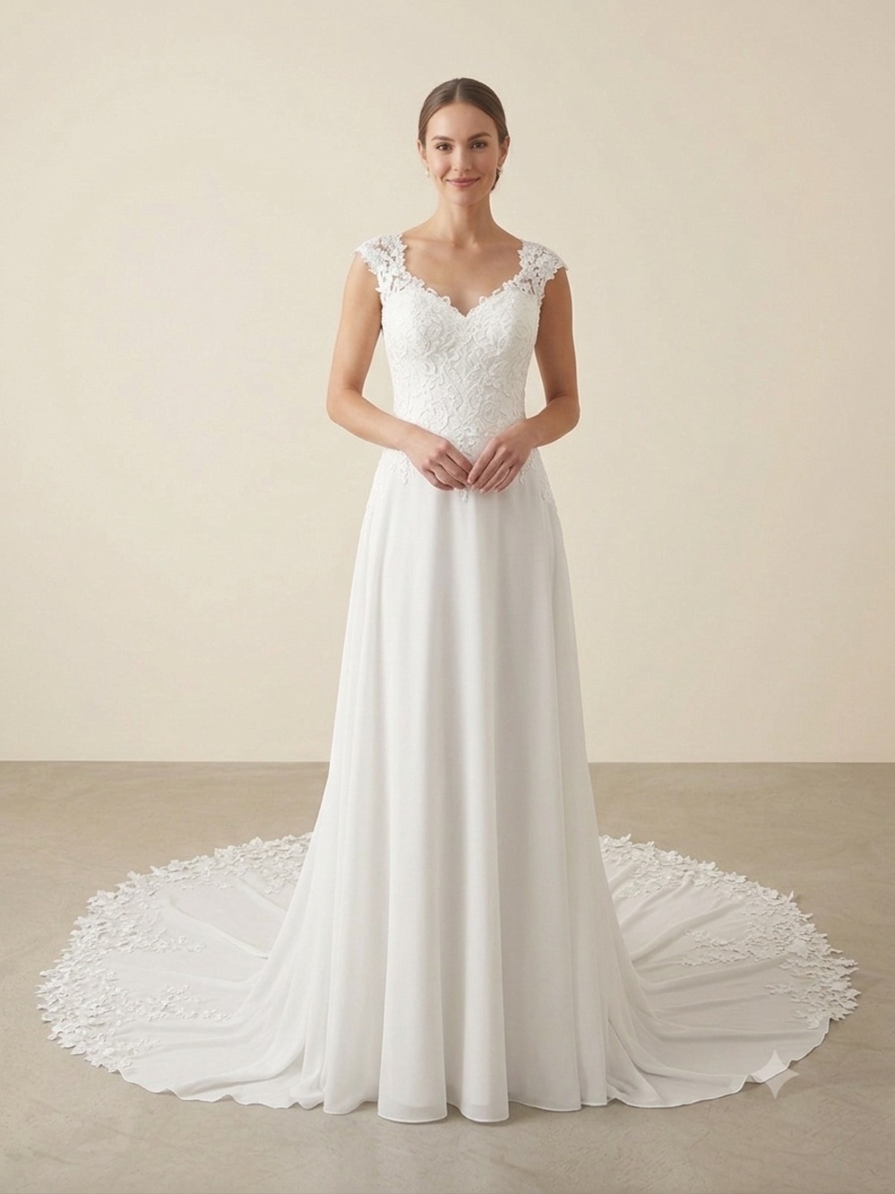 Lace Bodice V-Neck Wedding Dress in White